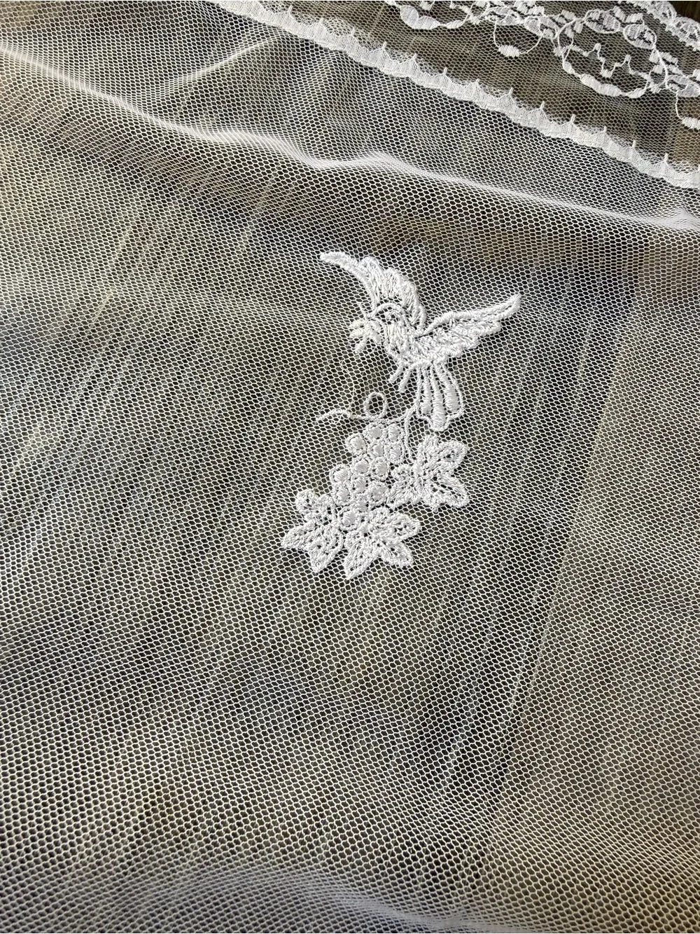 Delicate Vintage White Lace Bridal Veil or Scarf with Floral Appliqués